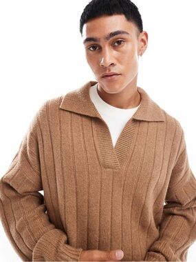 ASOS DESIGN knitted oversized rib notch sweater in tan heather sz L mens